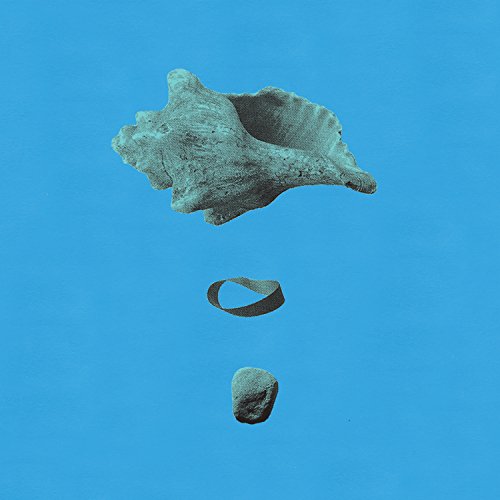 Blue album cover featuring a floating shell, ring, and stone.