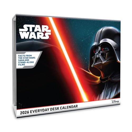 2026 Star Wars desk calendar featuring Darth Vader with a red lightsaber.