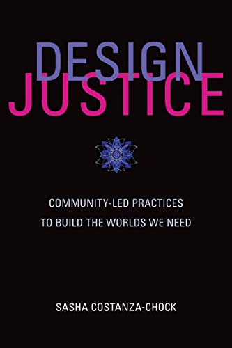 Book cover with black background, purple and pink text, and a blue floral icon.