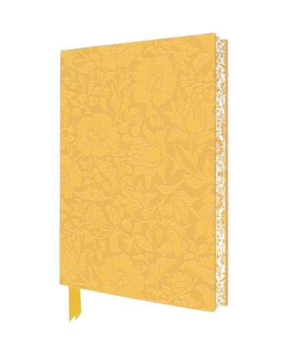 Yellow notebook with embossed floral William Morris Mallow pattern and a patterned spine.