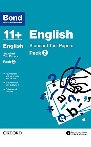 Blue "Bond 11+ English" test paper pack with pencil and letters.