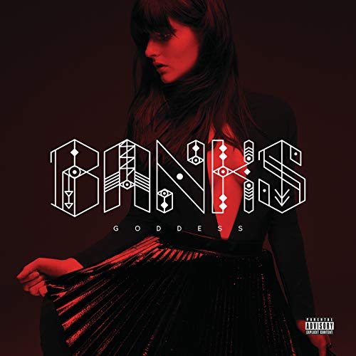 Woman in dark outfit with red lighting and white text reading Banks Goddess.