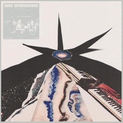 Record cover with abstract black starburst, piano keys, and space imagery.