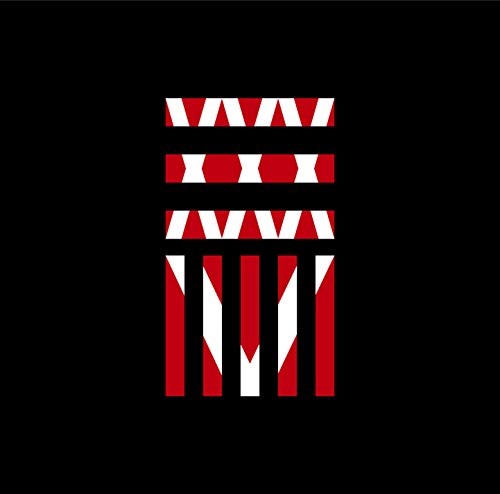 Black background with stacked red and white striped geometric design.