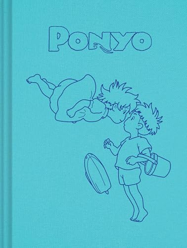 Blue notebook cover with white line art of Ponyo and a boy.