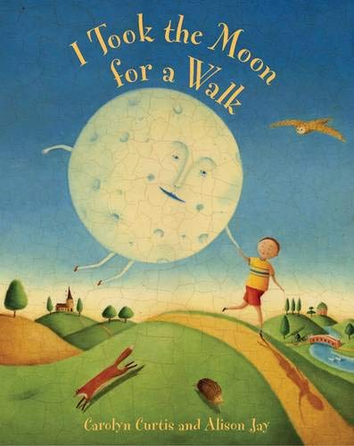 A boy walks with a personified moon over a landscape with a fox and hedgehog.