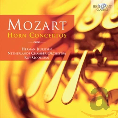 CD cover for Mozart's Horn Concertos featuring a brass instrument.