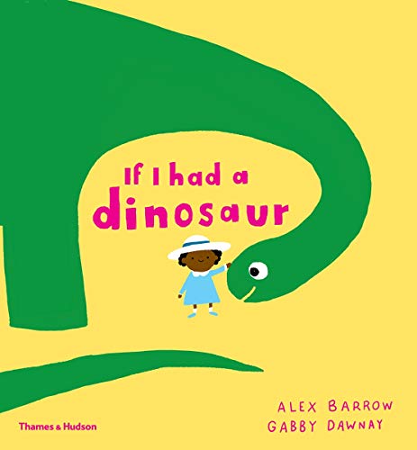 Book cover: child and green dinosaur on yellow background.