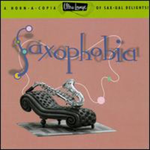 CD cover for Saxophobia featuringS featuring a saxophone resting on a black chaise lounge.