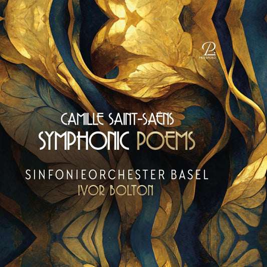 CD cover for Camille Saint-Saëns’ Symphonic Poems with abstract gold design.