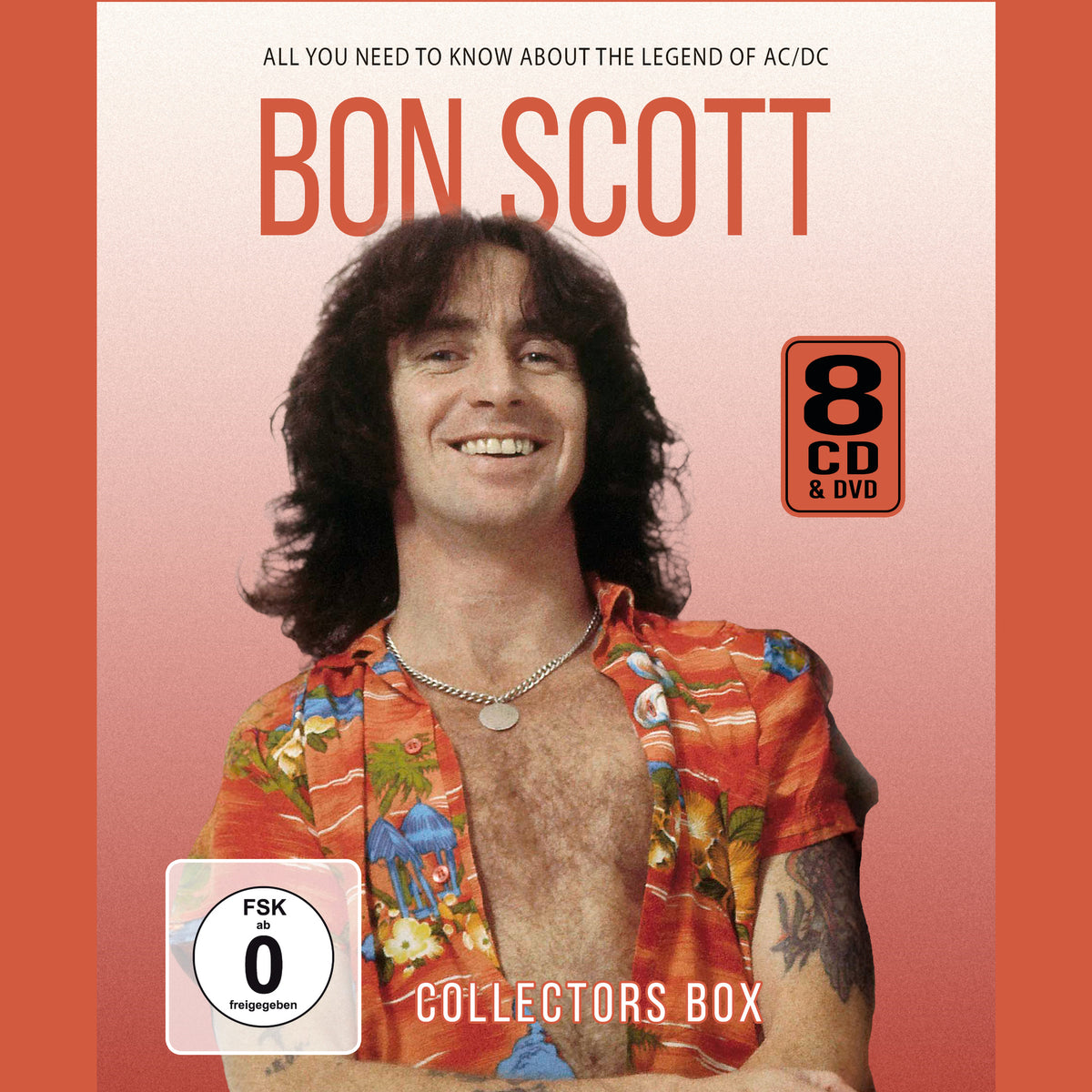 Bon Scott portrait on a red “Collectors Box” CD & DVD set.