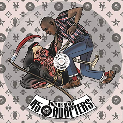 Vinyl record cover featuring illustrated figures and repeating patterned background.