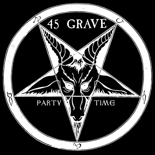 White pentagram with a black goat head and "45 Grave - Party Time" text.
