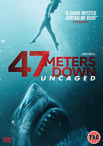 "DVD cover for '47 Metres Down: Uncaged' showing a shark and a diver underwater."
