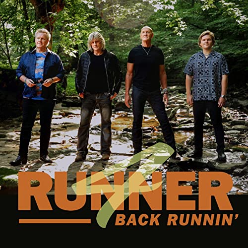 Four men standing in a shallow stream in a forest with album title text.