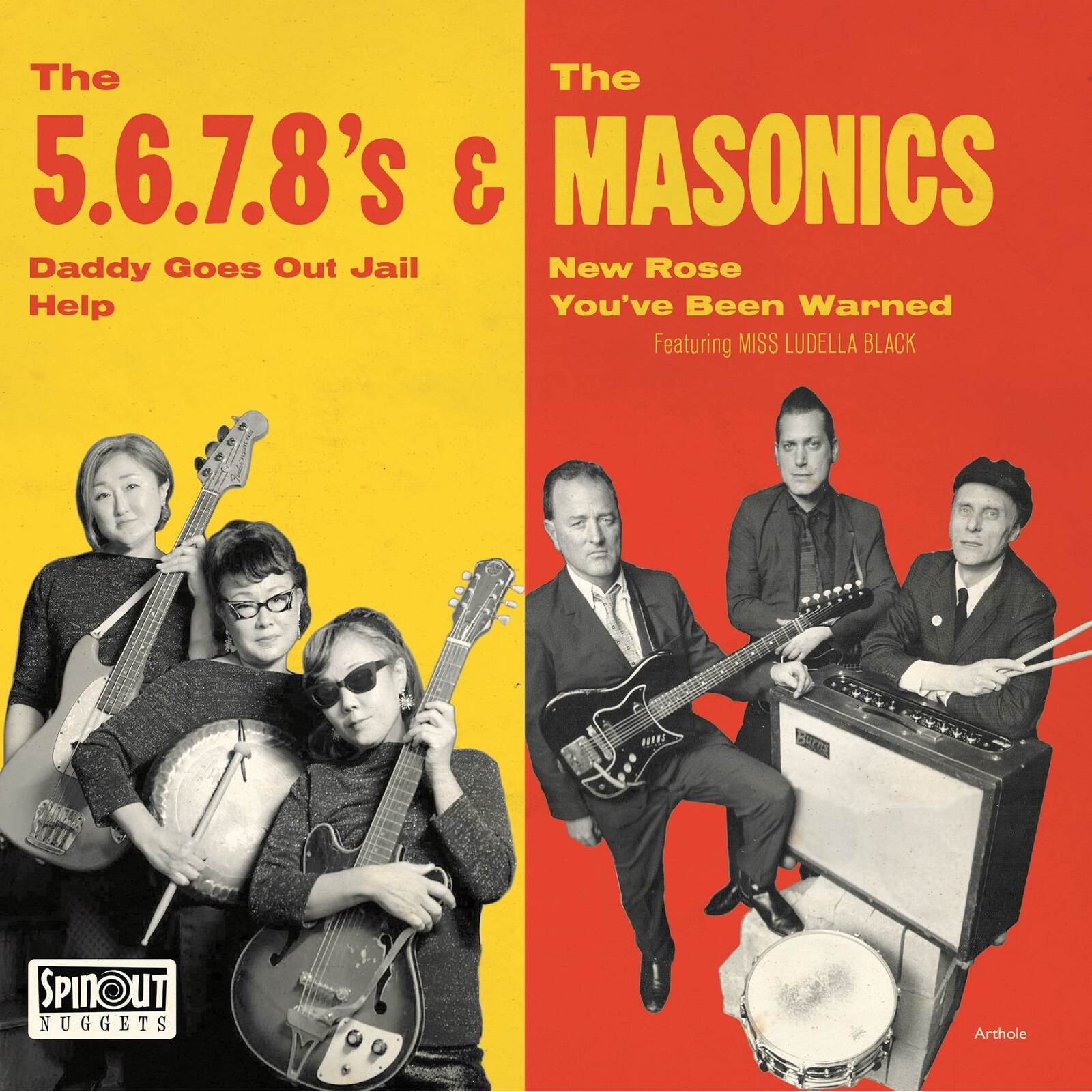 Vinyl cover featuring The 5.6.7.8's on yellow and The Masonics on red background.