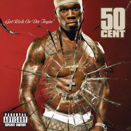 5Shattered glass overlaying 50 Cent against a red background on an album cover.