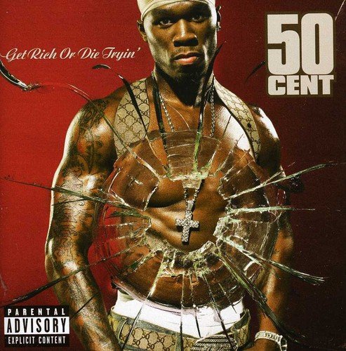 50 Cent album cover, “Get Rich Or Die Tryin’”, with cracked glass effect.