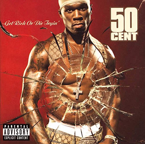 50 Cent album cover, "Get Rich Or Die Tryin", with cracked glass effect.