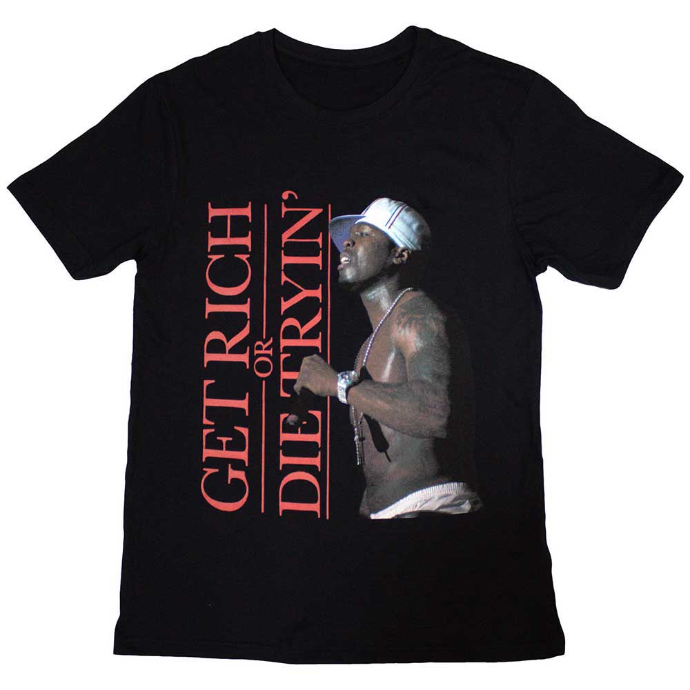Black t-shirt with “Get Rich” text, likely featuring rapper 50 Cent imagery.