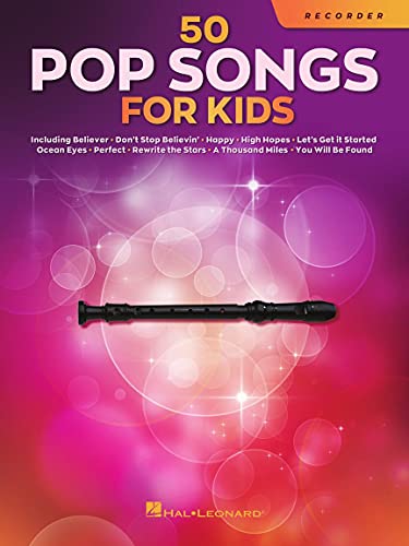 Music book cover titled 50 Pop Songs for Kids for recorder with a black flute.