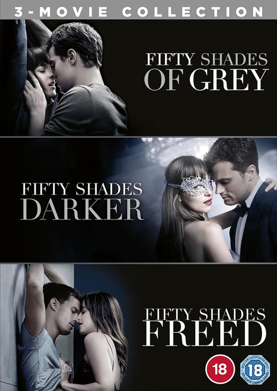 DVD cover for "Fifty Shades" trilogy featuring couples in intimate poses.