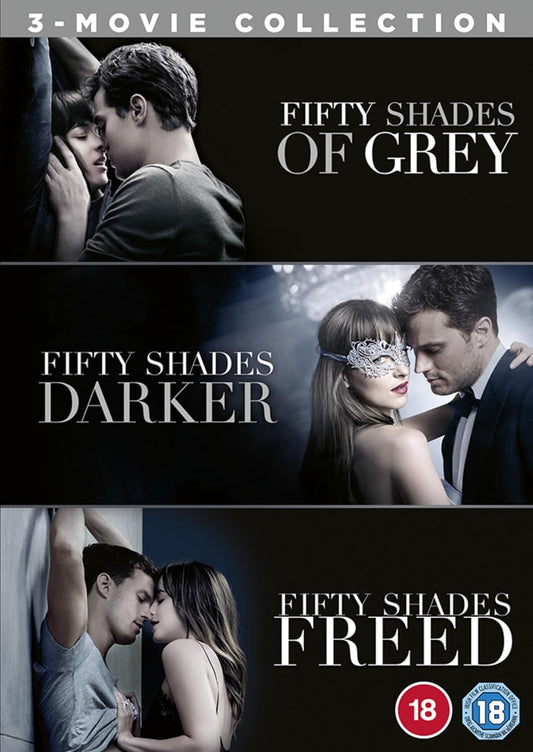DVD cover for "Fifty Shades" trilogy featuring couples in intimate poses.