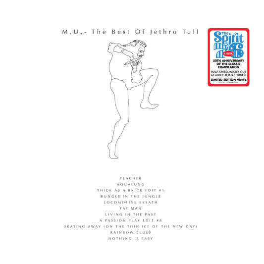 Line drawing of Ian Anderson playing flute on a white background with track list.