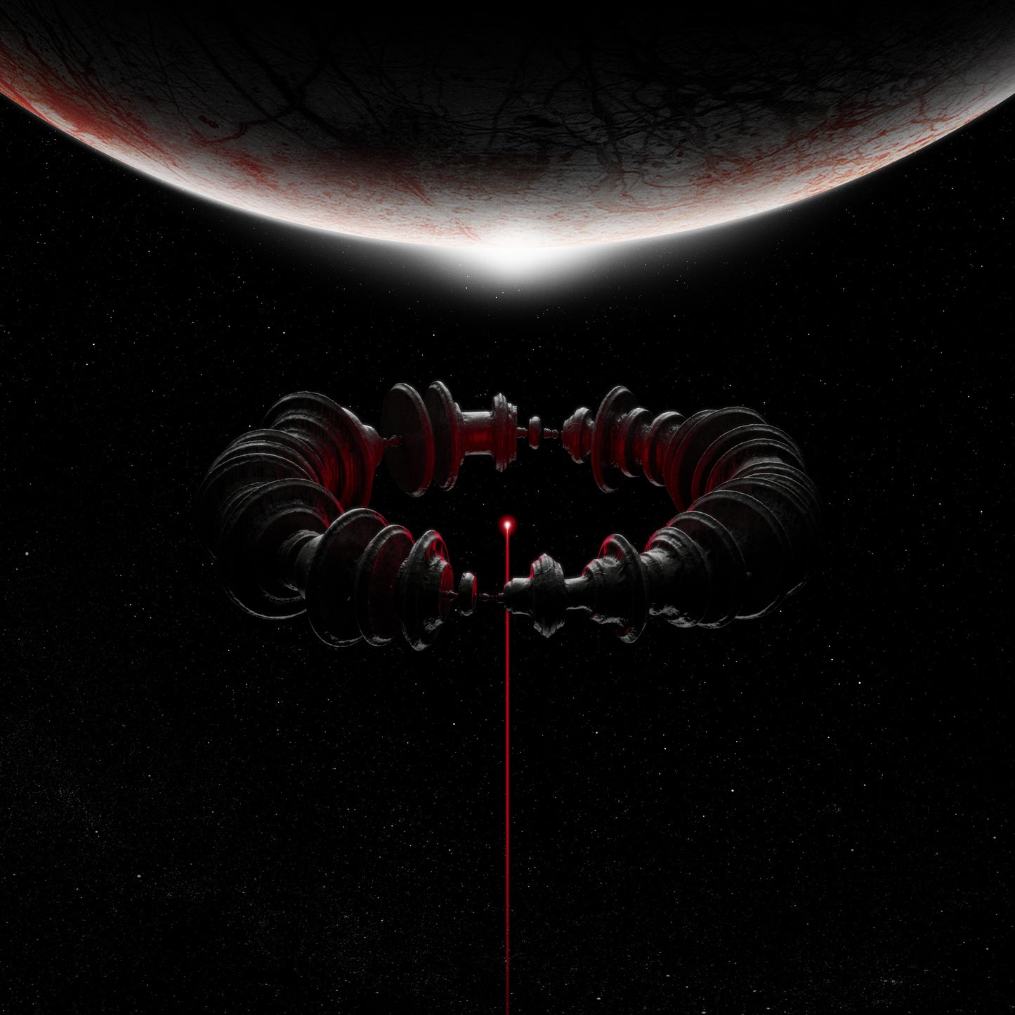 CD cover art featuring a dark ring-shaped space station beneath a planet with a laser.