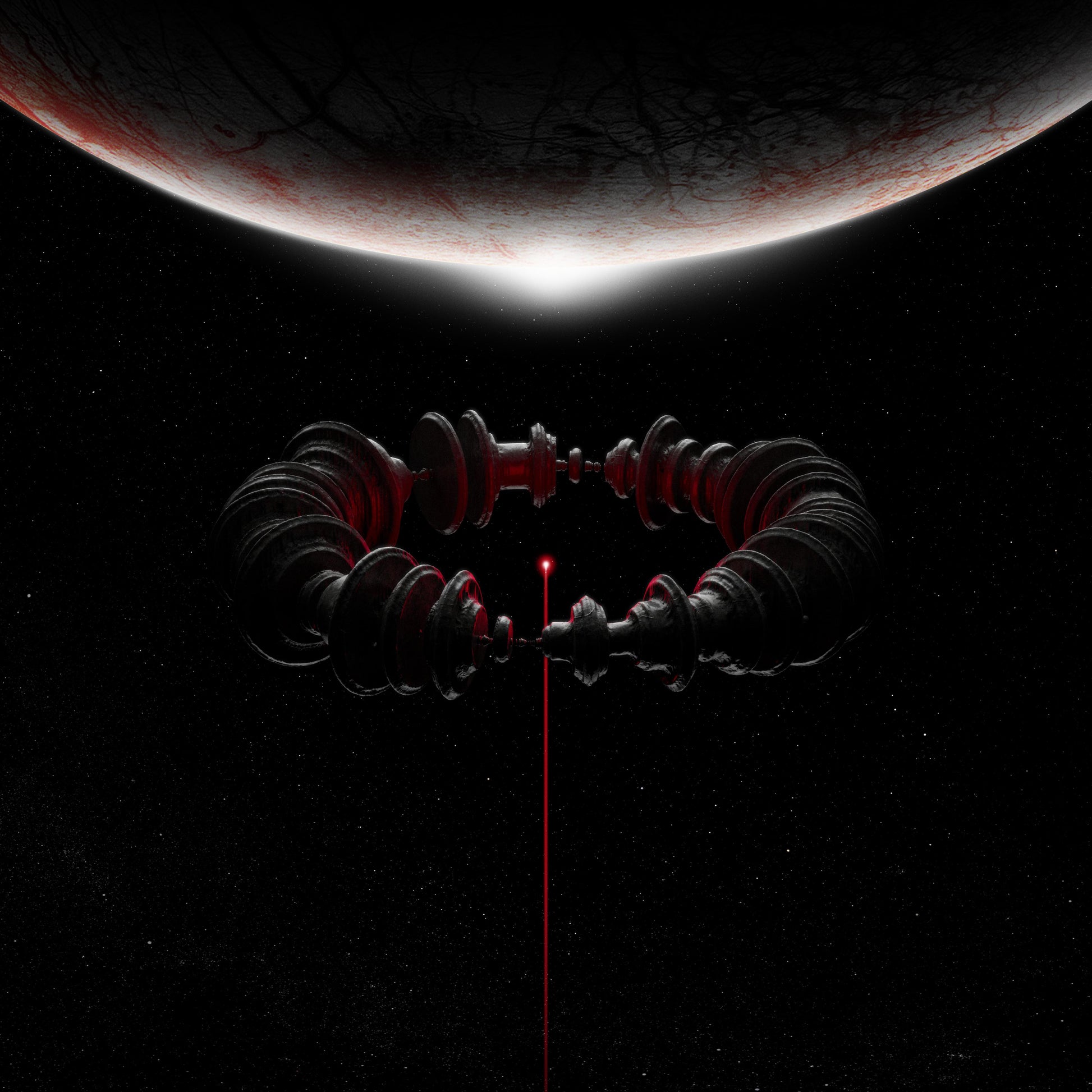 CD cover art featuring a dark ring-shaped space station beneath a planet with a laser.
