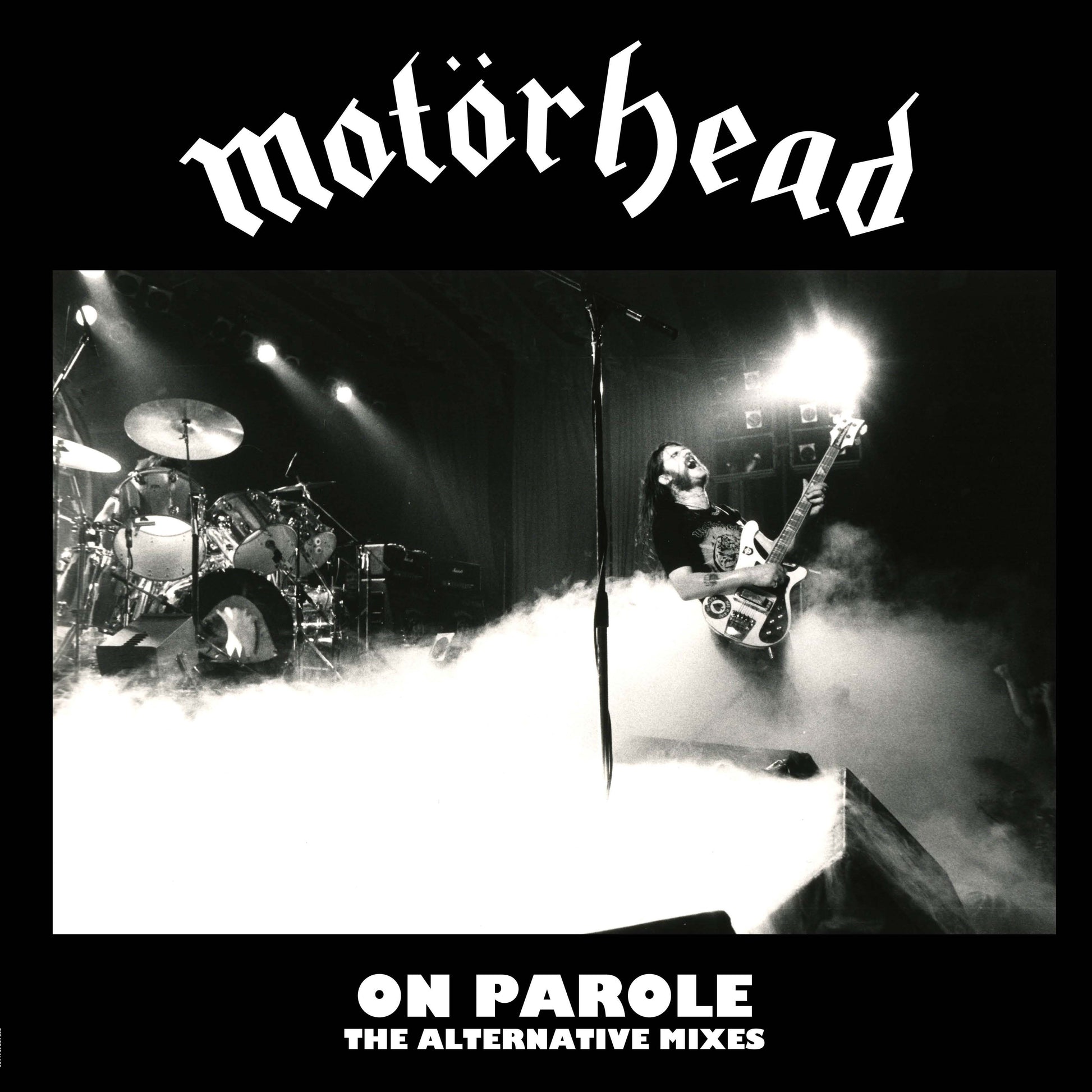 Motorhead "On Parole" vinyl record with band image and tracklist label.