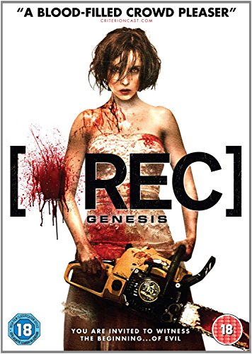 “[REC] Genesis DVD cover featuring a woman with a chainsaw, blood splatters.”