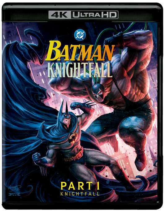 Batman and Bane face off on the "Knightfall Part 1" 4K UHD Blu-ray cover.