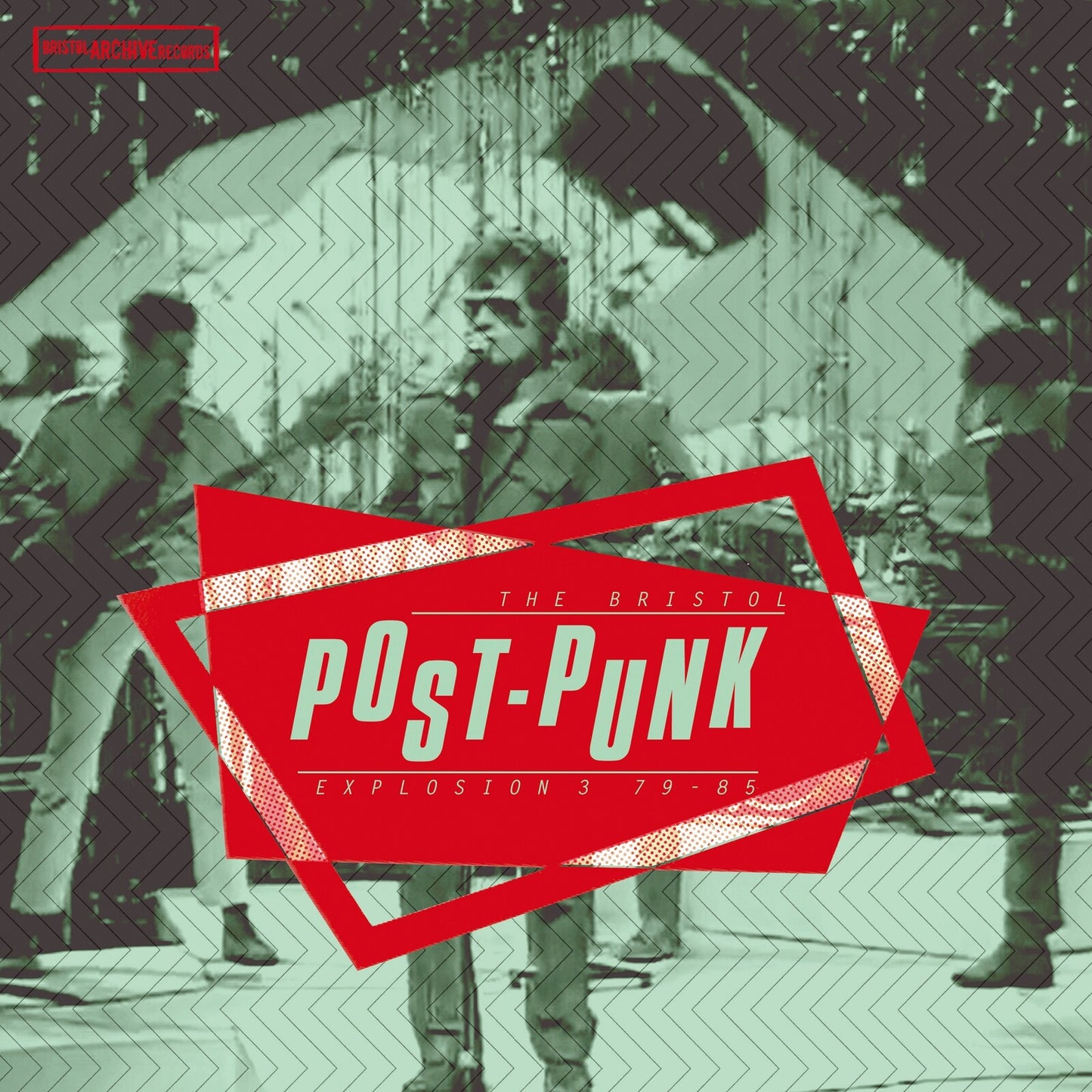Album cover featuring a band on stage with a red geometric overlay of text.