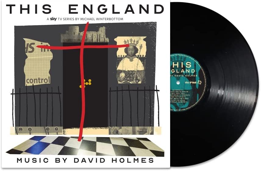 This England soundtrack vinyl record cover featuring a red cross over a graphic illustration.