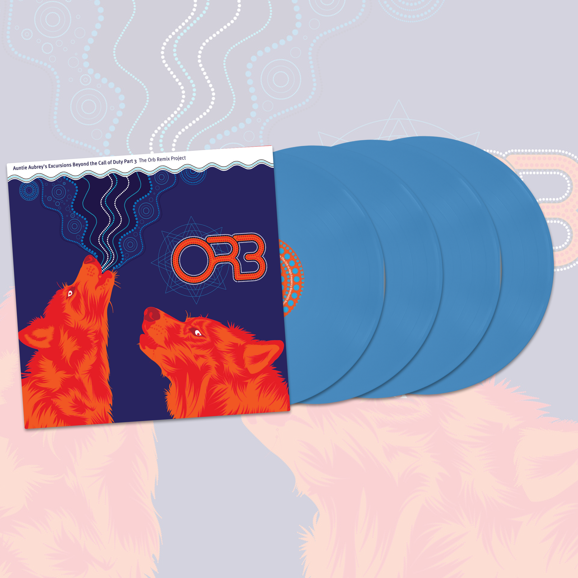 Vinyl record set with red wolf illustration and blue translucent discs.