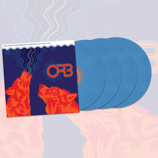 Vinyl record set with red wolf illustration and blue translucent discs.
