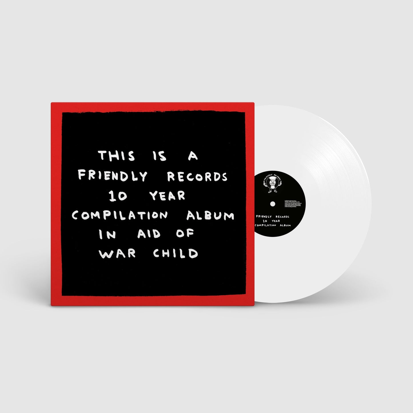 White vinyl record with black center label and red border text.