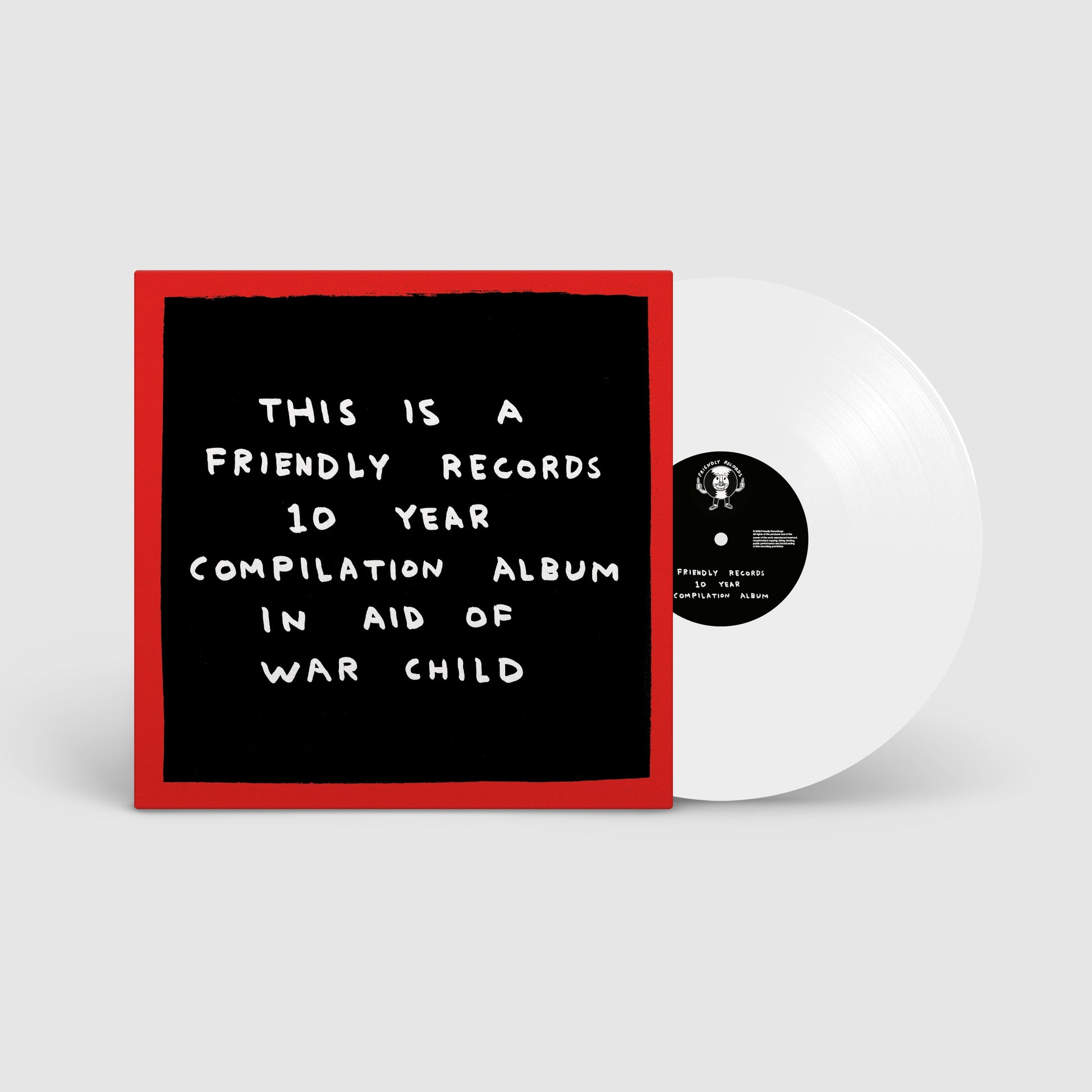 White vinyl record with black center label and red border text.