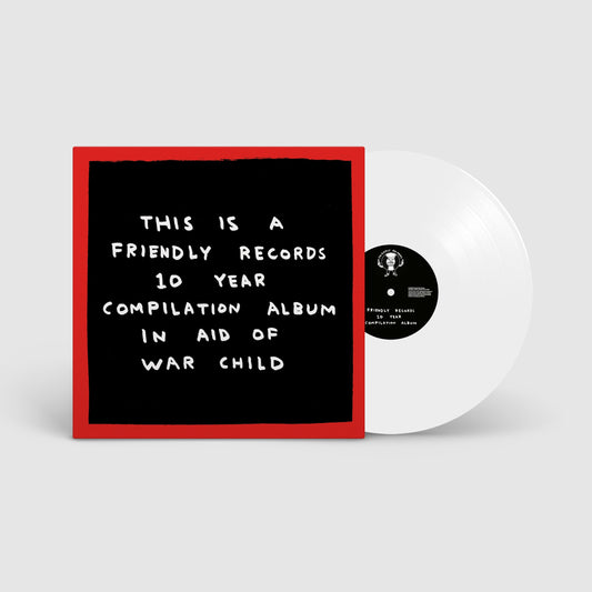 White vinyl record with black center label and red border text.