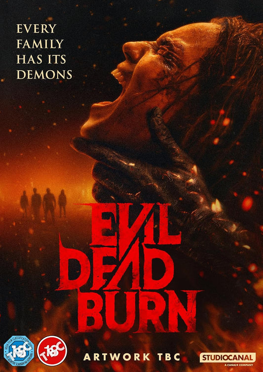 “Evil Dead Burn” DVD cover: woman possessed, figures in background, fiery text.
