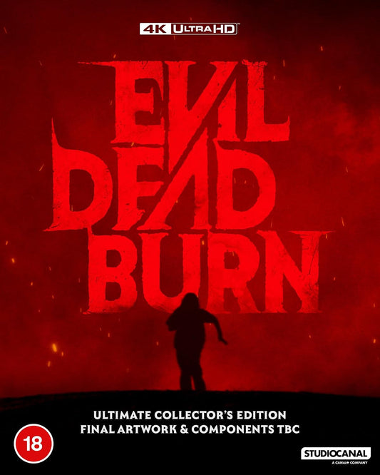 Red "Evil Dead Burn" Blu-ray cover with distressed lettering and silhouetted figure.
