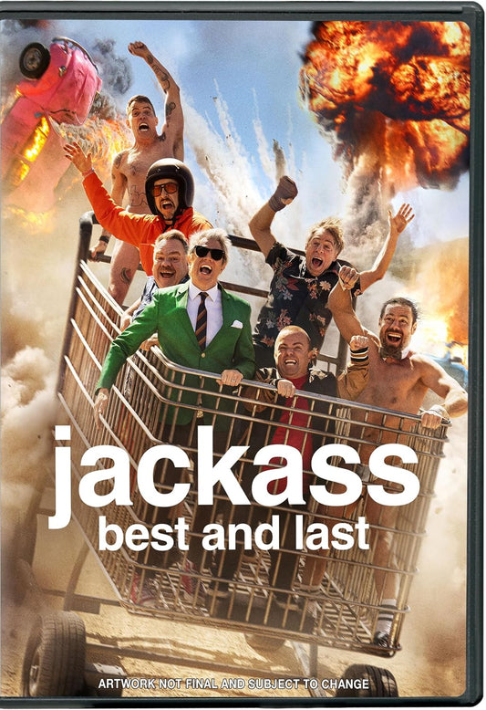 The Jackass cast rides a large shopping cart in front of a massive explosion.