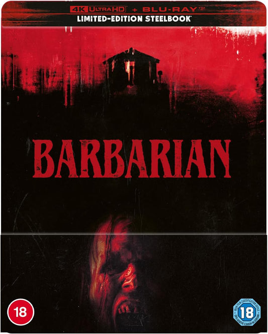 Barbarian" SteelBook cover featuring a house and a distressed face in red.