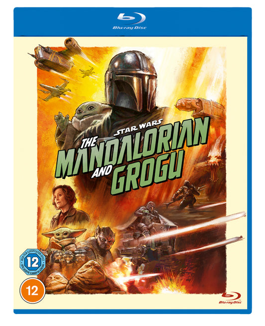 Blu-ray cover featuring The Mandalorian, Grogu, and other characters in a painted style.