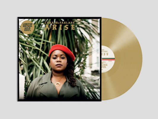 Zara McFarlane “ARISE” gold vinyl LP with woman in red hat cover.