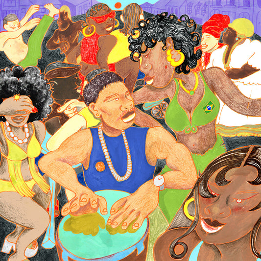 Colorful illustration of people celebrating, likely inspired by Brazilian culture.
