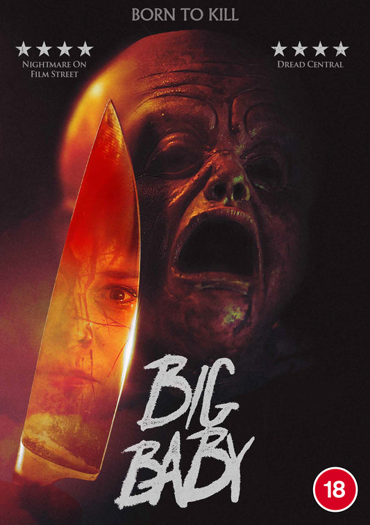 Horror film poster: a distorted face with a knife, title "BIG BABY".