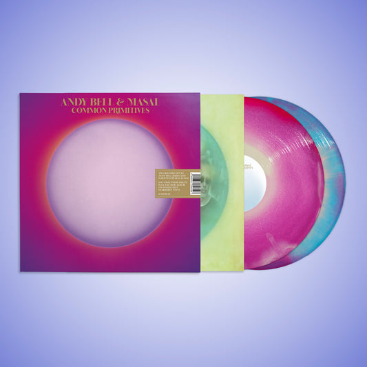 Vinyl record with colorful, swirling pink and teal design.