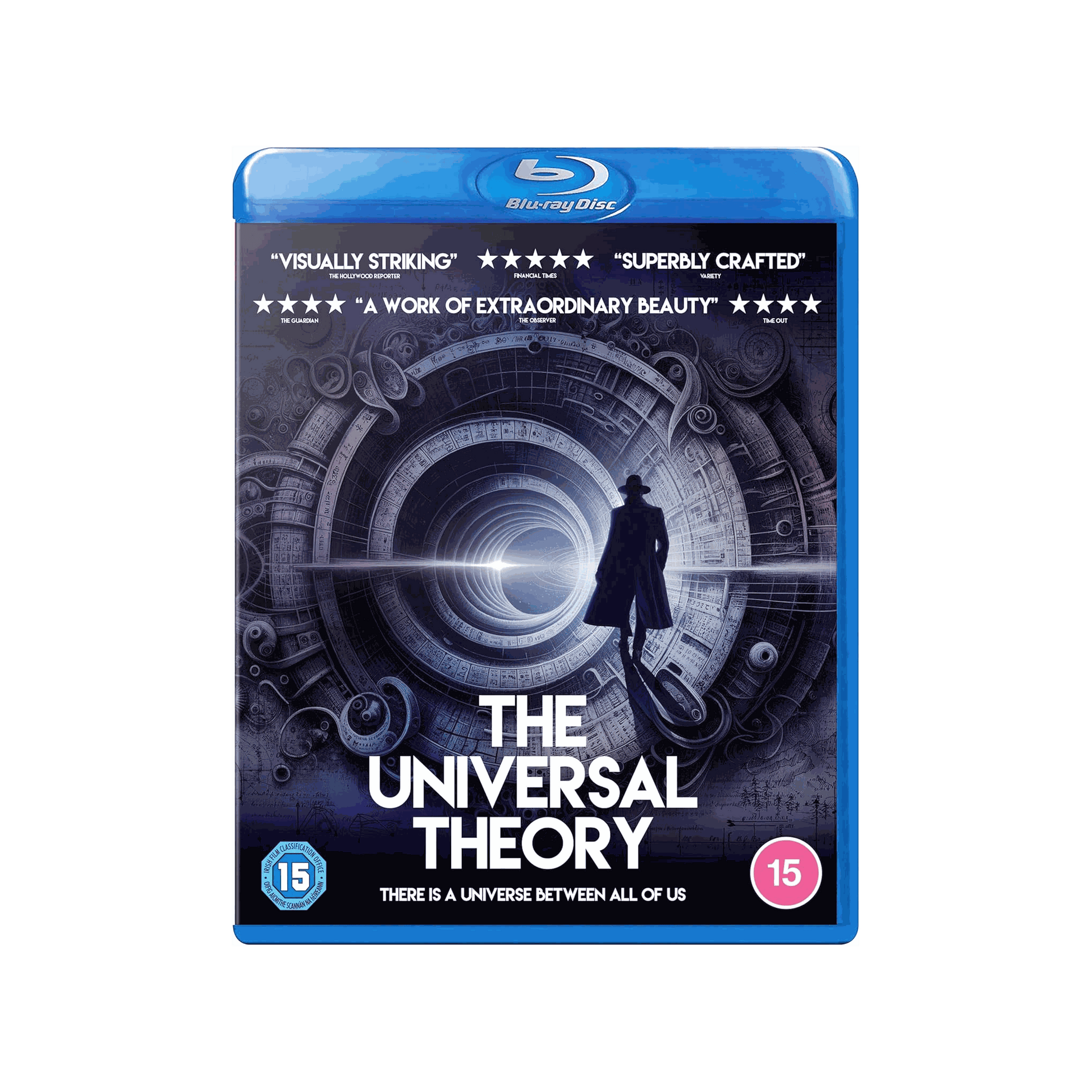 Blu-ray cover of "The Universal Theory" featuring a silhouetted figure and abstract machinery.